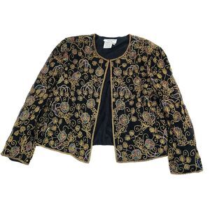 Floral Beaded Silk Cardigan Adrianna Papell Boutique XL Black Evening Wear